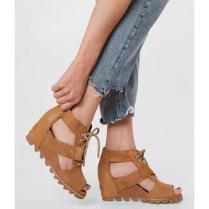 Sorel Joanie Lace Brown Leather Caged Lug. Casual Wedge Sandals NL2914-224 Sz 8